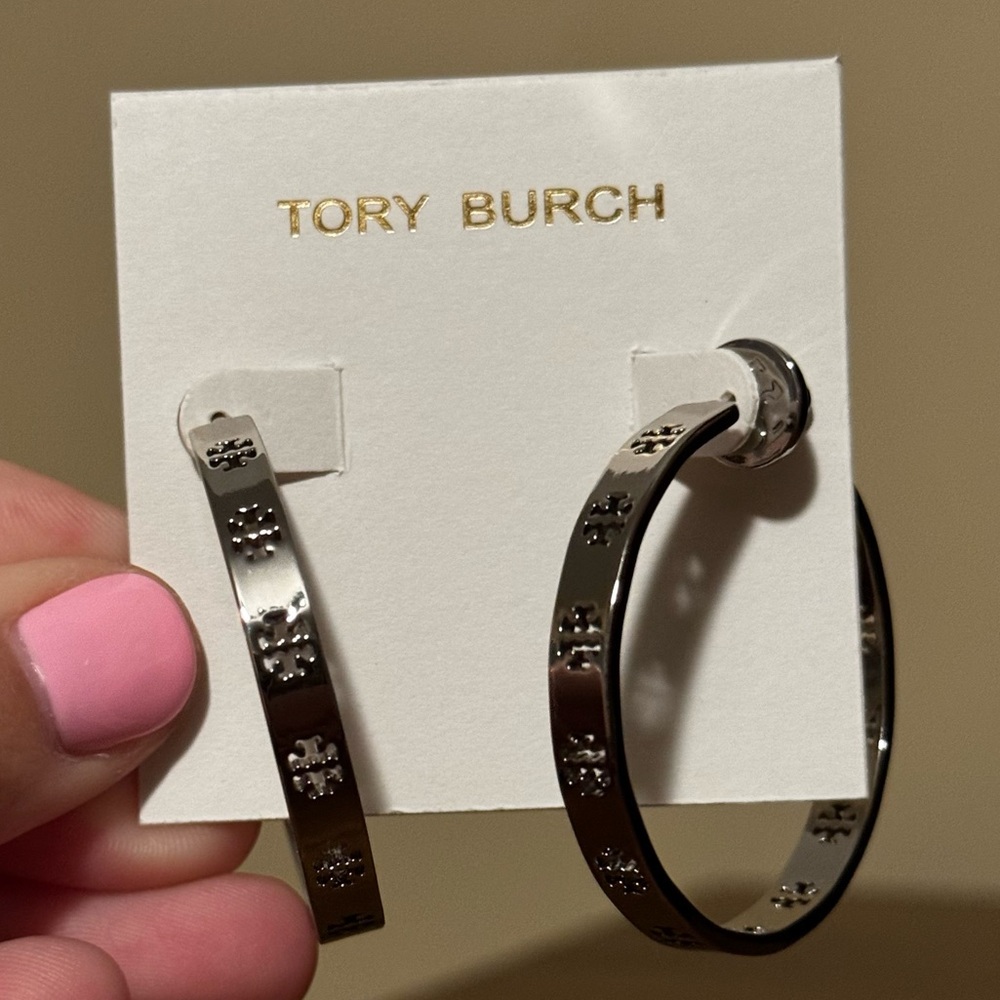 Tory Burch Silver Logo Hoop Earrings